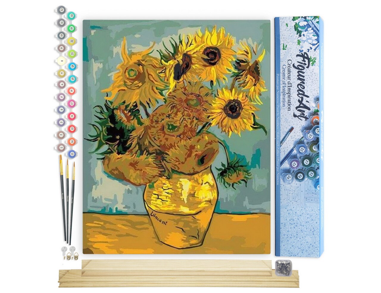 Figured'Art Paint by Numbers Kit for Adults Van Gogh - Sunflowers 16"x20" - Craft Art Painting Rolled Canvas with DIY wooden frame